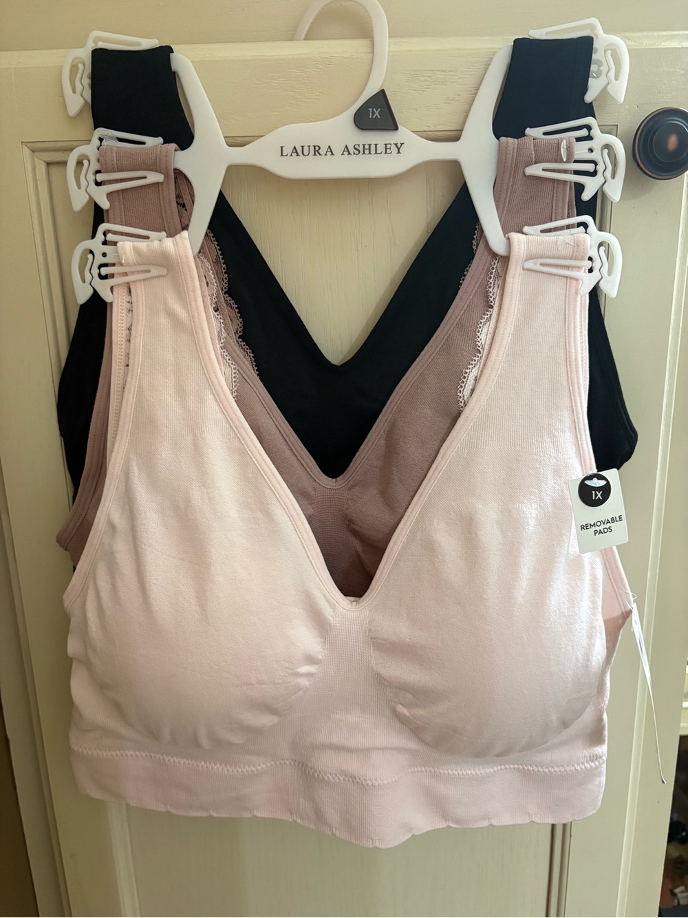 Laura Ashley Seamless V‑Neck Bralette Set in Pink, Taupe & Black